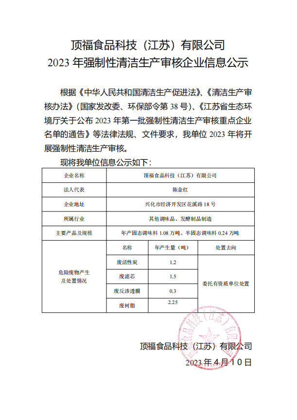 頂福食品科技（江蘇）有限公司 2023 年強(qiáng)制性清潔生產(chǎn)審核企業(yè)信息公示